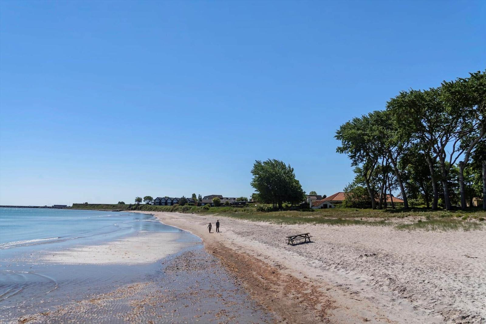 Strand mit Sand, Wasser und Bäumen. Zwei Personen gehen entlang des Ufers.