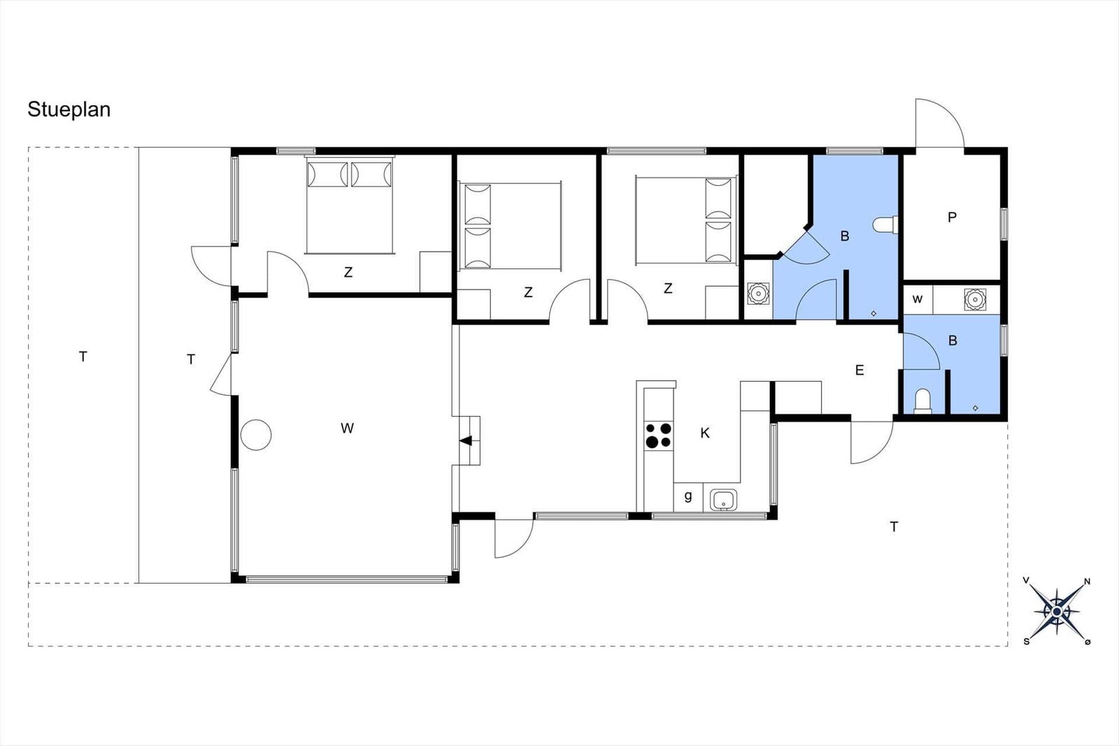 Stueplan zeigt Wohnfläche mit Küche, Schlafzimmern und Bad.