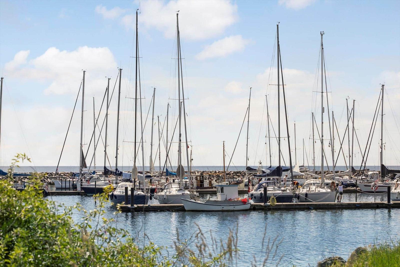 Marina mit vielen Segelyachten und kleineren Booten an Stegen