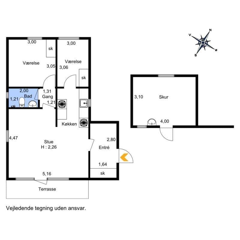 Funktionaler Grundriss mit zwei Schlafzimmern, Küche, Bad und Terrasse.