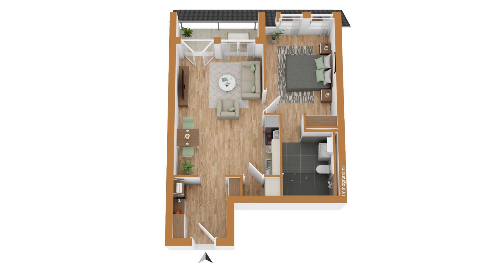 Das Apartment hat eine Küche, ein Wohnzimmer, ein Schlafzimmer und ein Badezimmer.