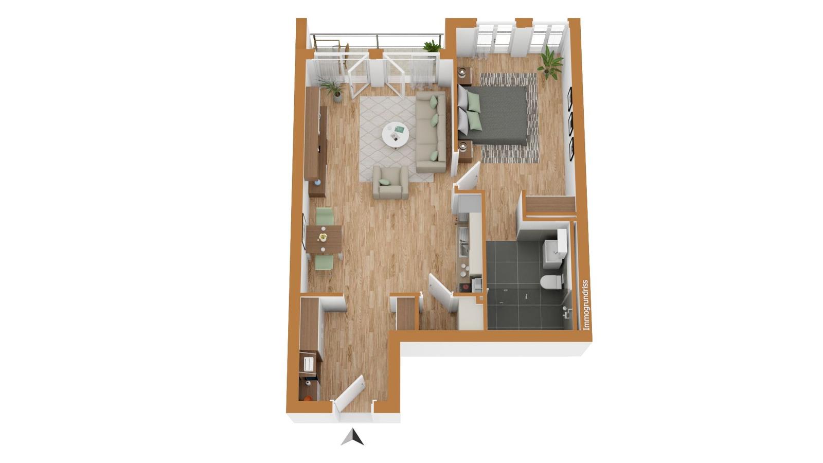 Ein Wohnraum mit Schlafzimmer, Küche und Bad. Balkon mit Sitzgelegenheit.