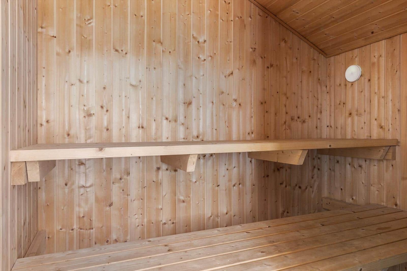 Sauna mit Holzwand und zwei Bänken