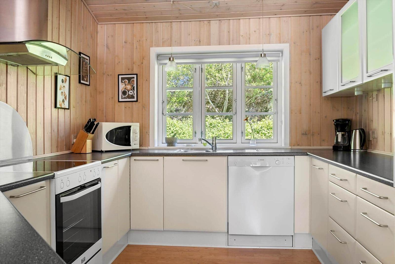 Küche mit Holzwand, Fenster, Spüle und modernen Geräten.