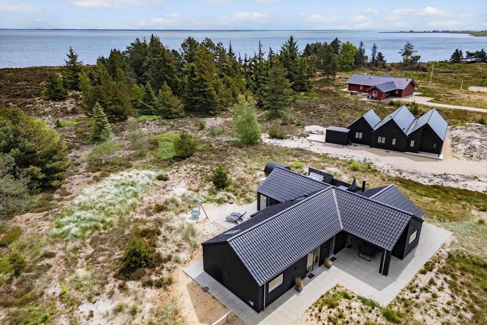 Moderne schwarze Häuser mit Terrassen und Blick auf Wasser und Wald.