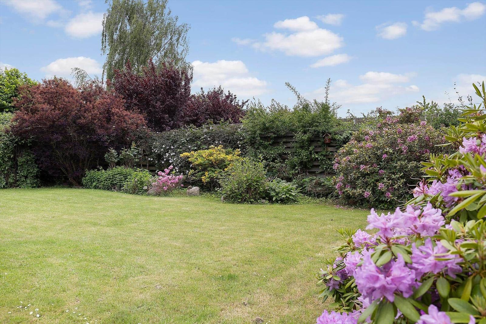 Garden with lawn, flowers, and trees under blue sky.