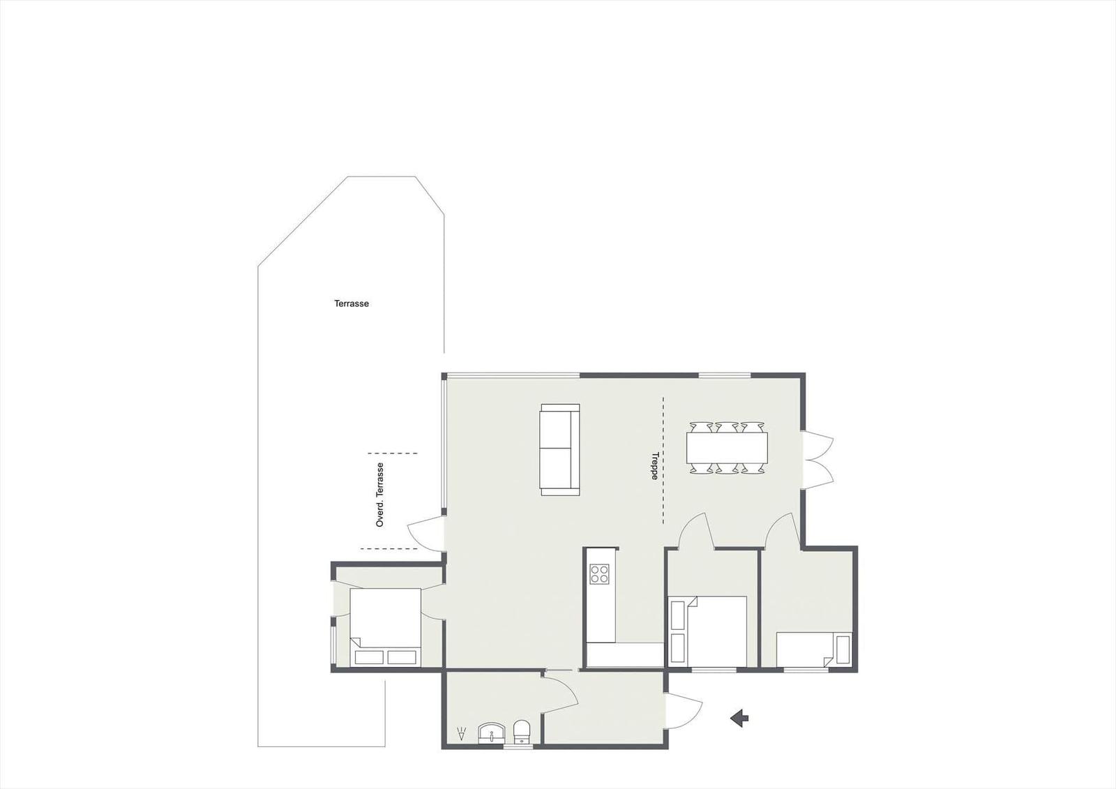 The apartment has a terrace, kitchen, living and dining area, and two bedrooms.