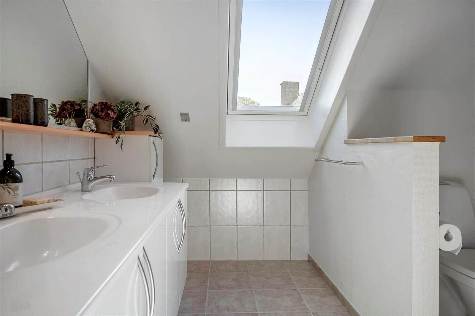Bathroom with skylight, sink, and toilet.
