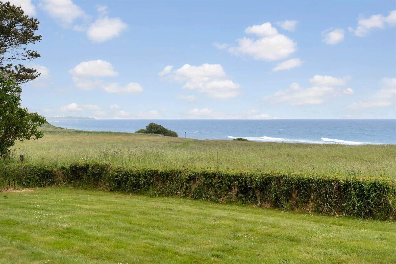 Grünes Gelände mit Blick auf das Meer unter blauem Himmel mit weißen Wolken.
