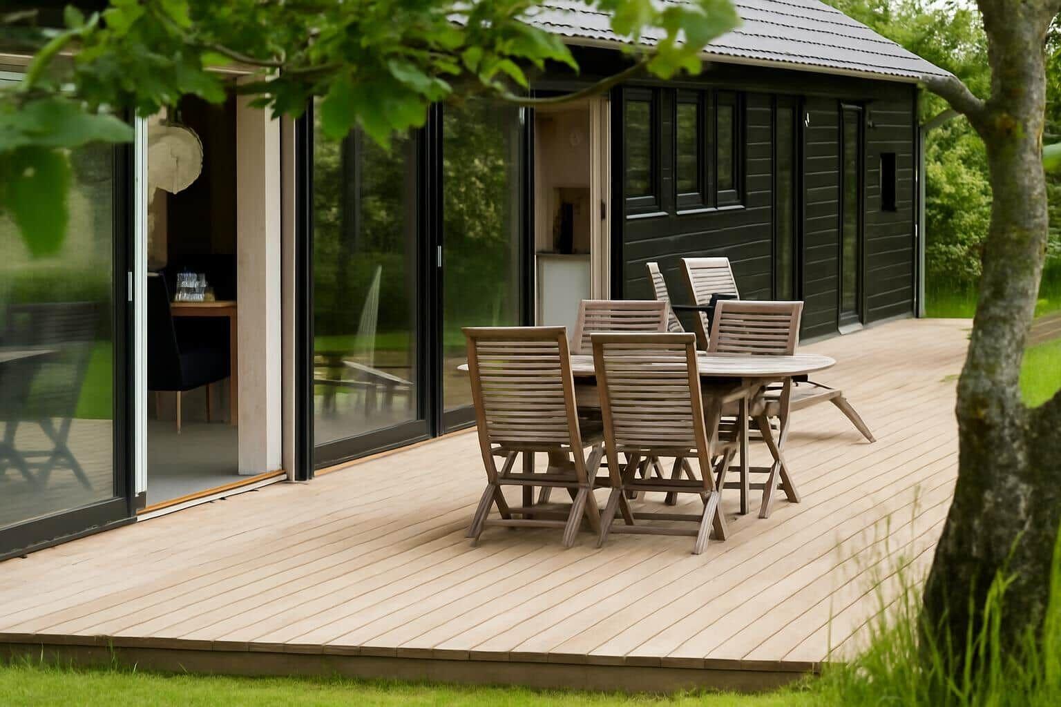 Terrasse mit Holztisch und Stühlen vor einem Haus mit Glaswänden.
