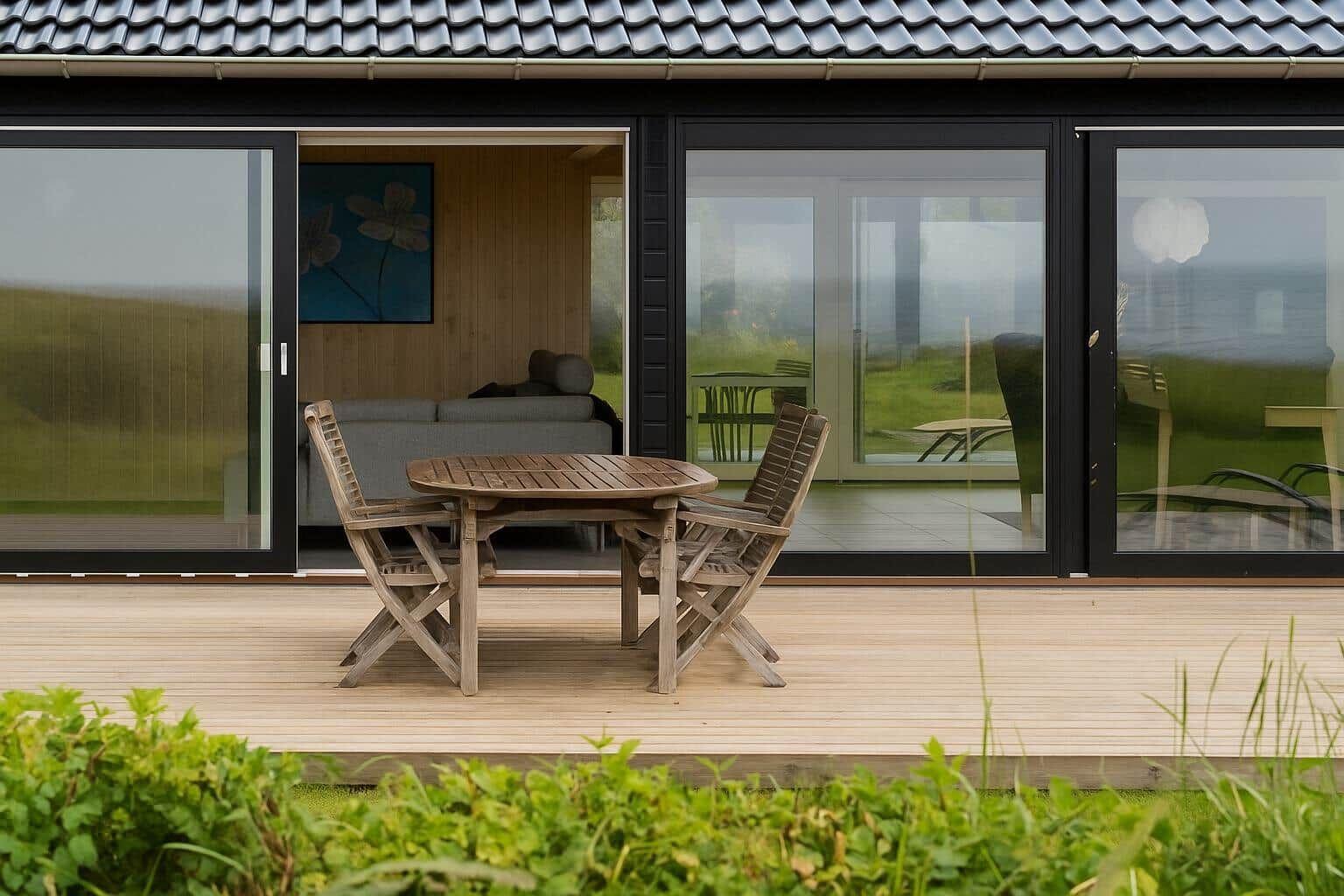 Terrasse mit Holztisch und Stühlen. Blick in Wohnzimmer mit Sofa und Wandbild.