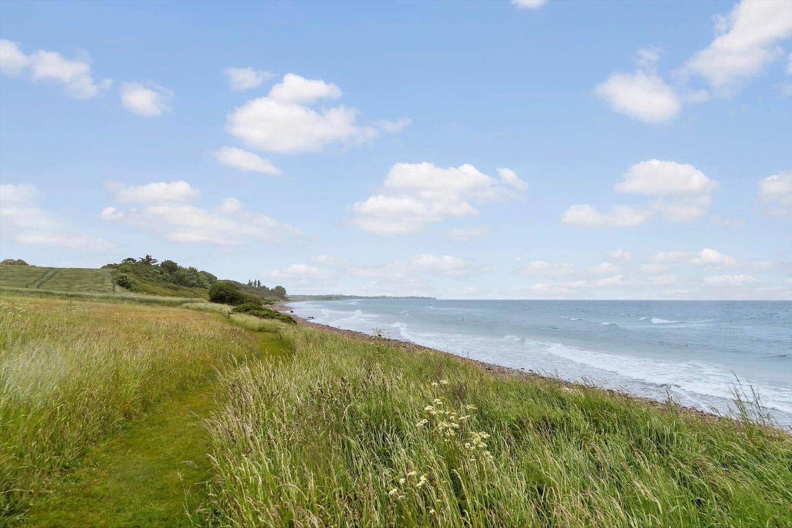 Weg entlang grüner Wiesen zum Strand mit Blick auf das Meer.