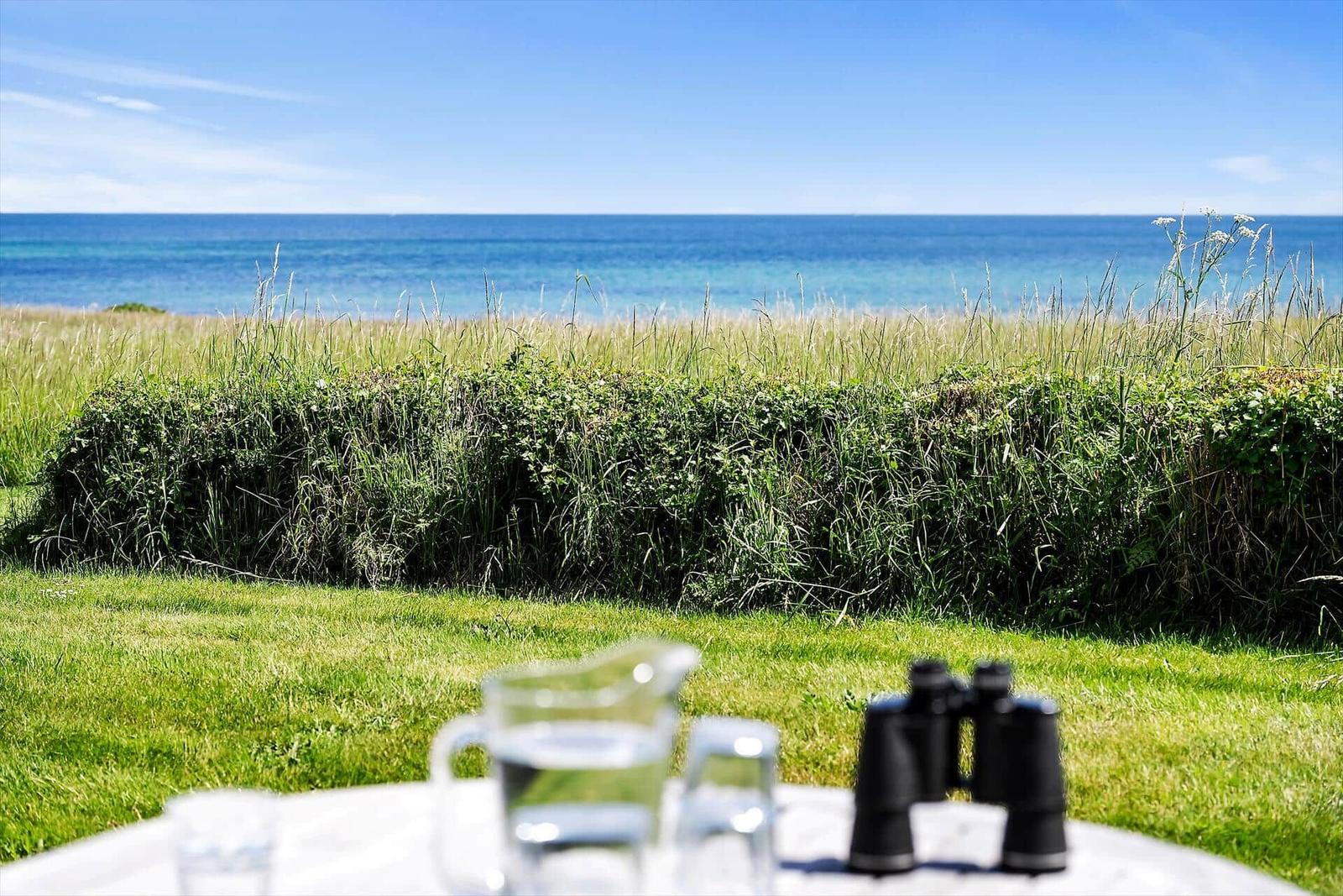 Tisch mit Wasser und Fernglas vor grünem Rasen und Meer.