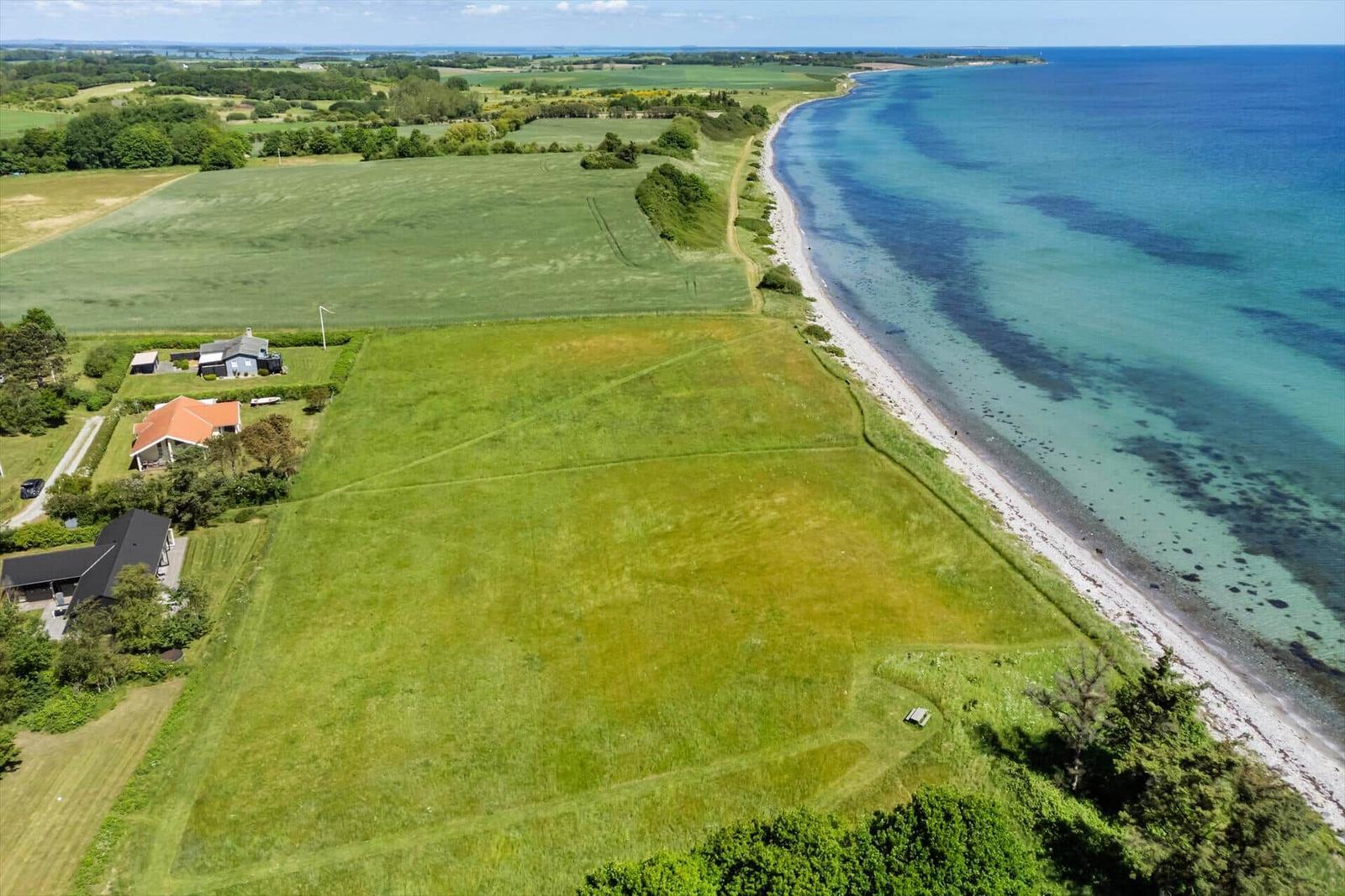 Grünes Feld neben Strand mit mehreren Häusern