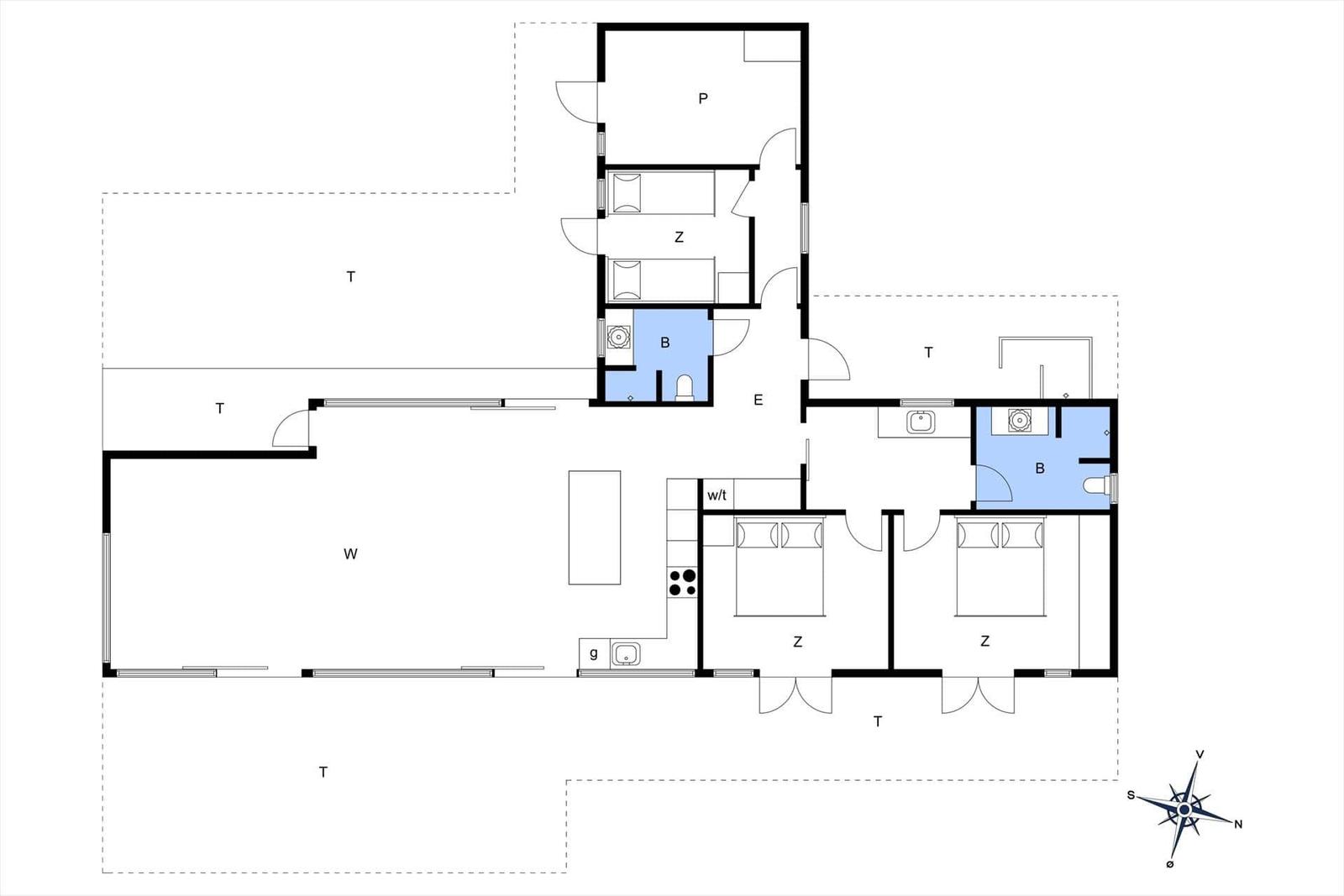 Die Wohnung hat drei Schlafzimmer, zwei Bäder und eine Küche.