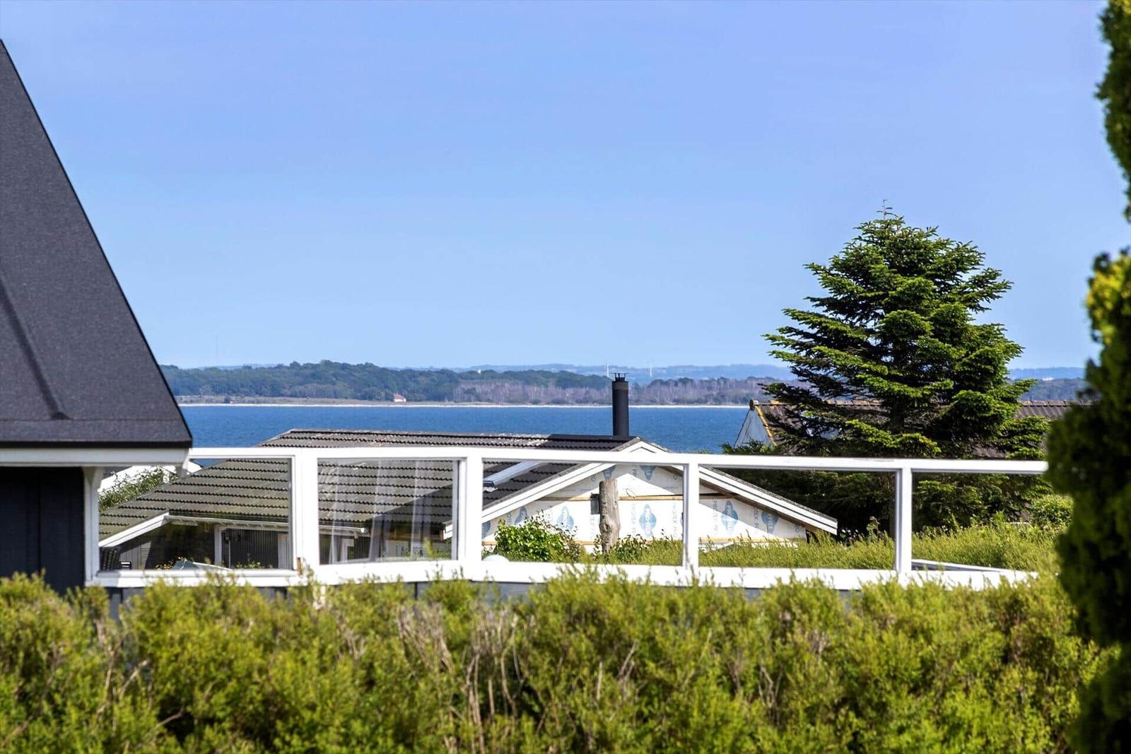 Wide view of sea and coastal landscape with garden and house.