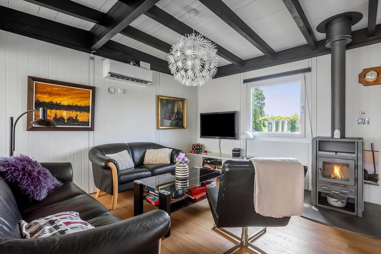 Living room with wooden floor, fireplace, sofa, and TV.