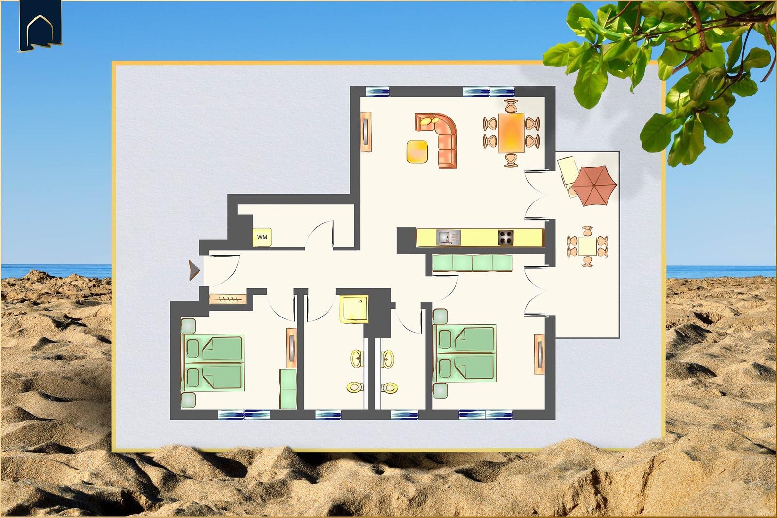 Funktionaler Grundriss einer Ferienwohnung mit Küche, Schlafzimmer und Bad.