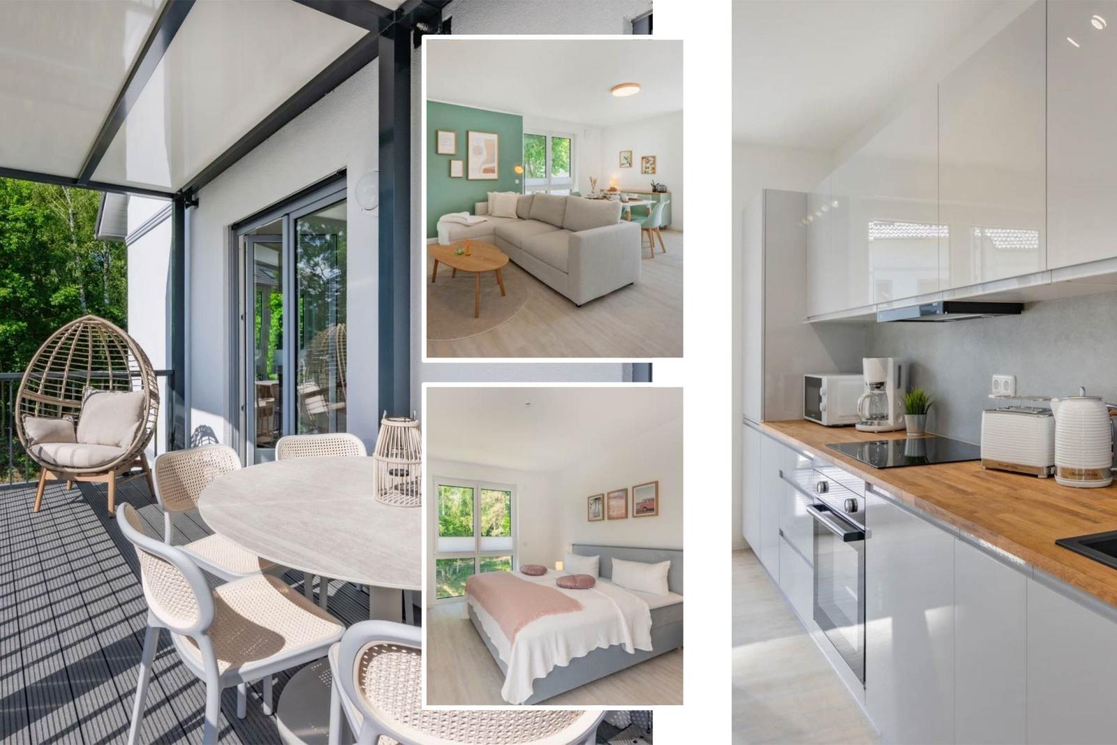 Terrasse mit Sitzgelegenheiten, Wohnzimmer, Schlafzimmer und Küche mit moderner Einrichtung.