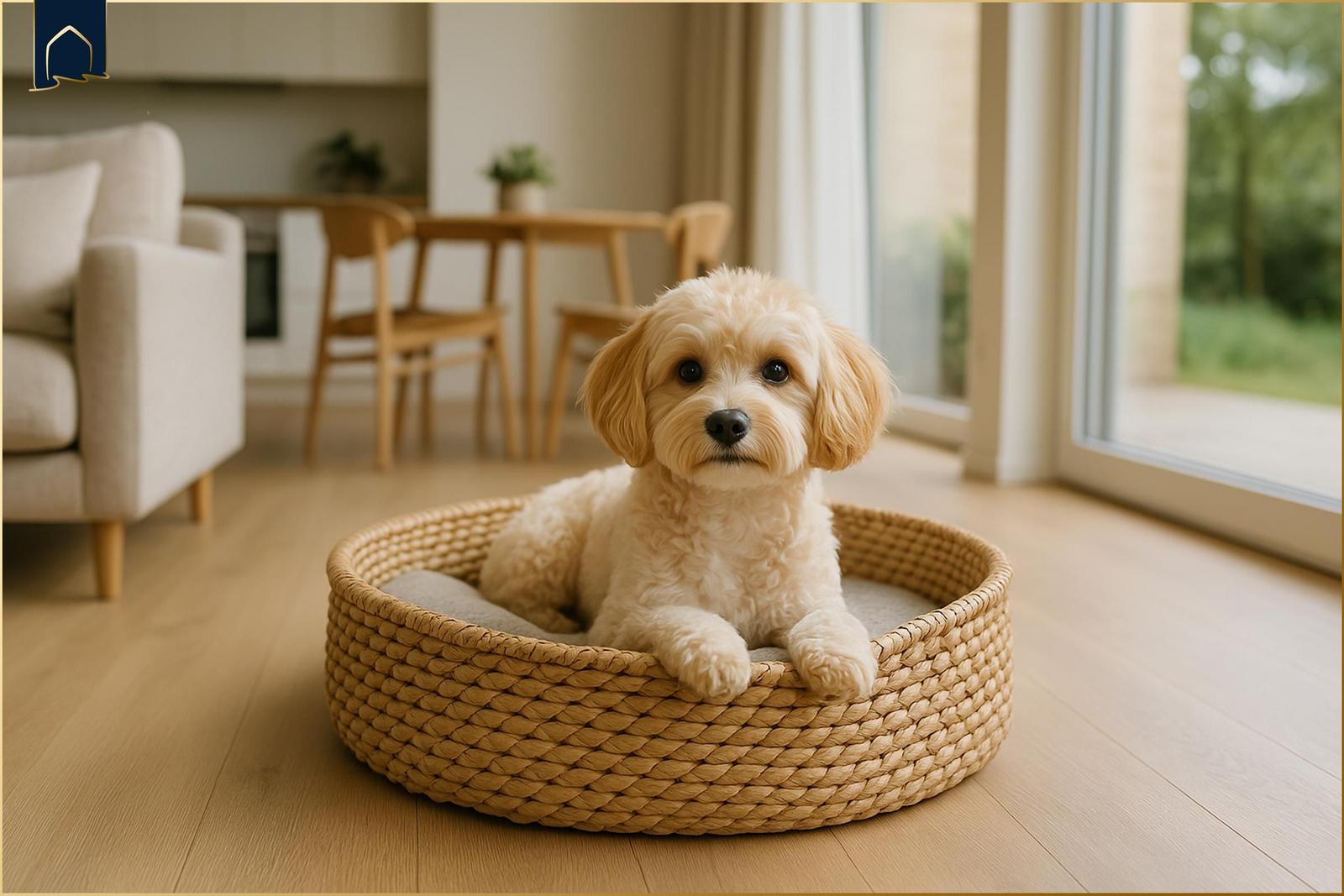 Ein kleiner Hund sitzt in einem geflochtenen Korb auf dem Holzboden.