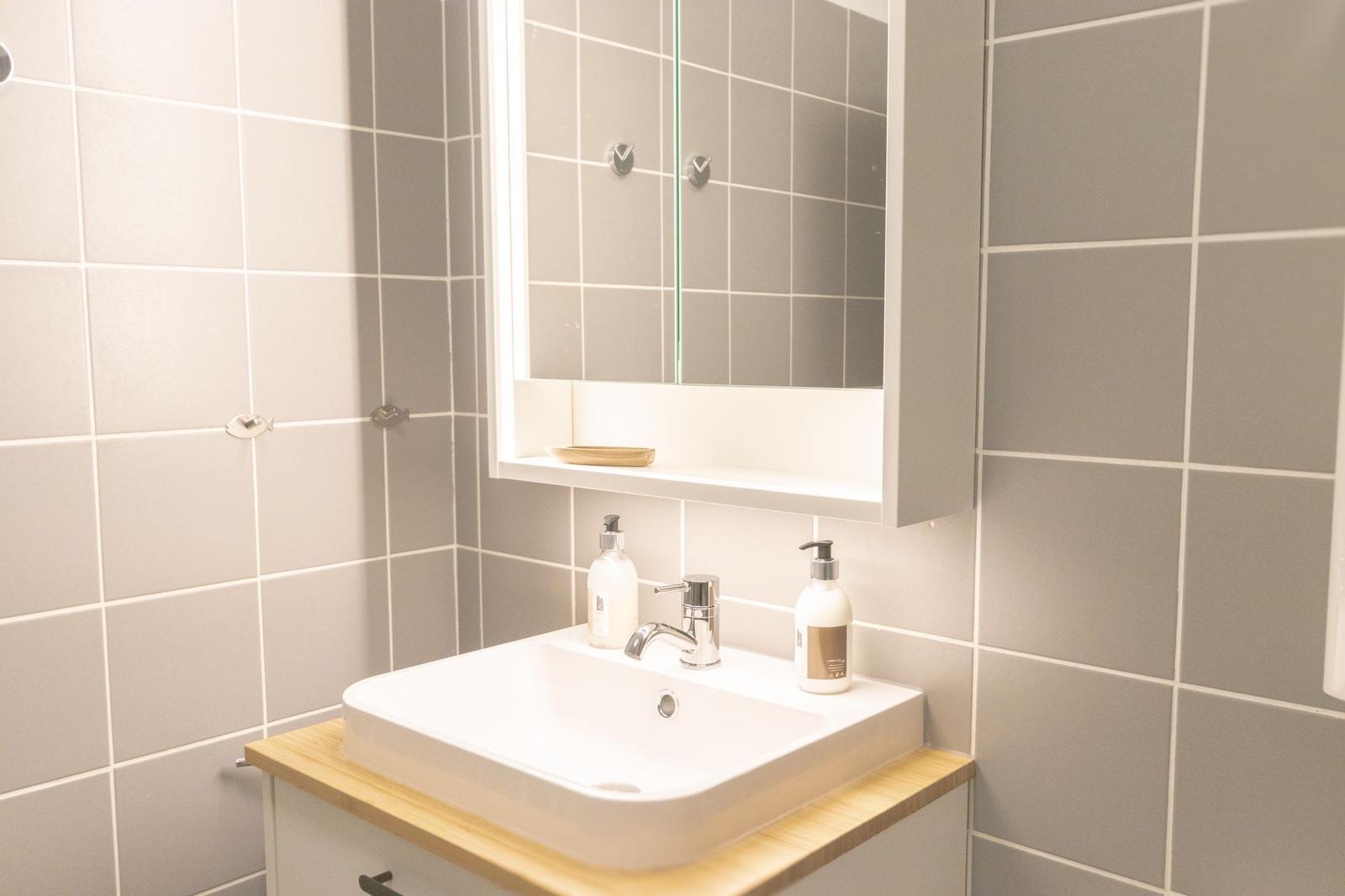 Badezimmer mit Waschbecken, Spiegelschrank und Seifenspender.