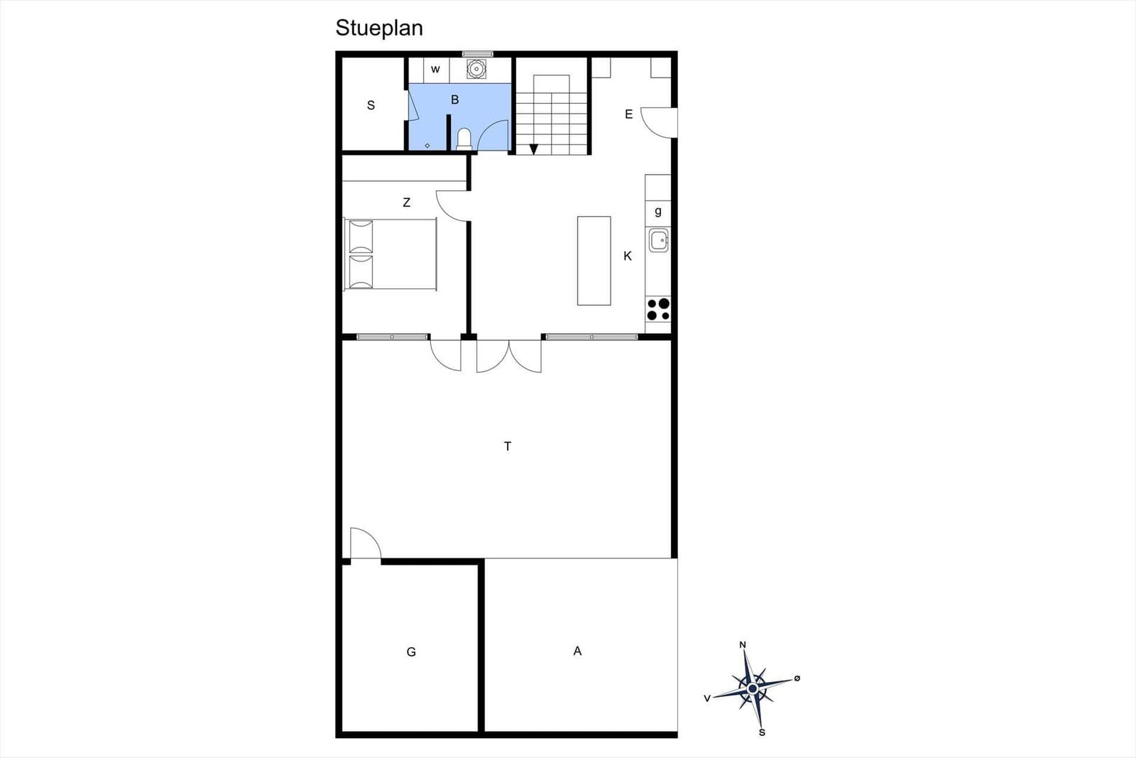 Stueplan zeigt Wohnfläche mit Küche, Bad und Schlafzimmer.