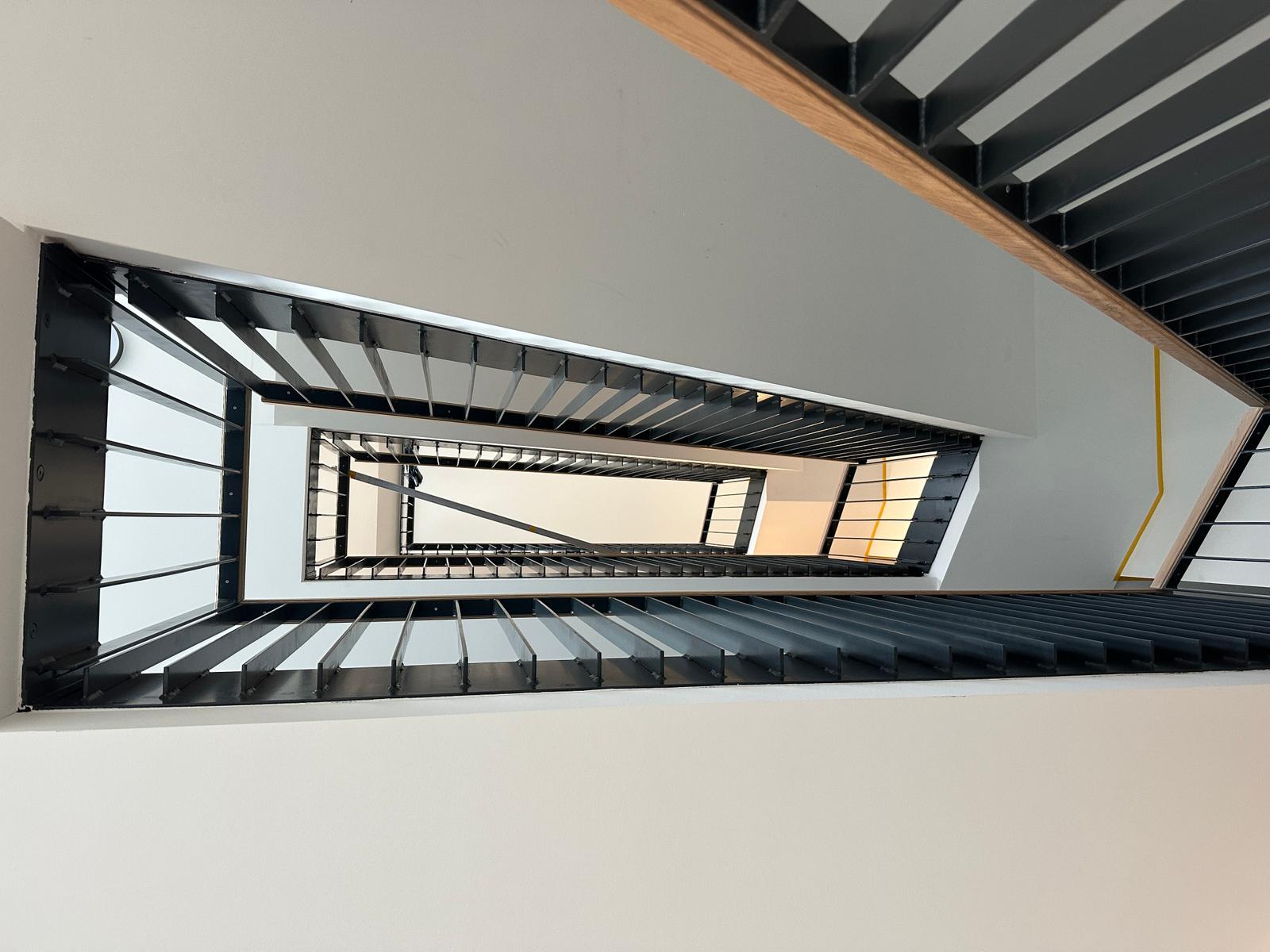 Moderne Treppe mit schwarzem Metallgeländer und Holzhandlauf.