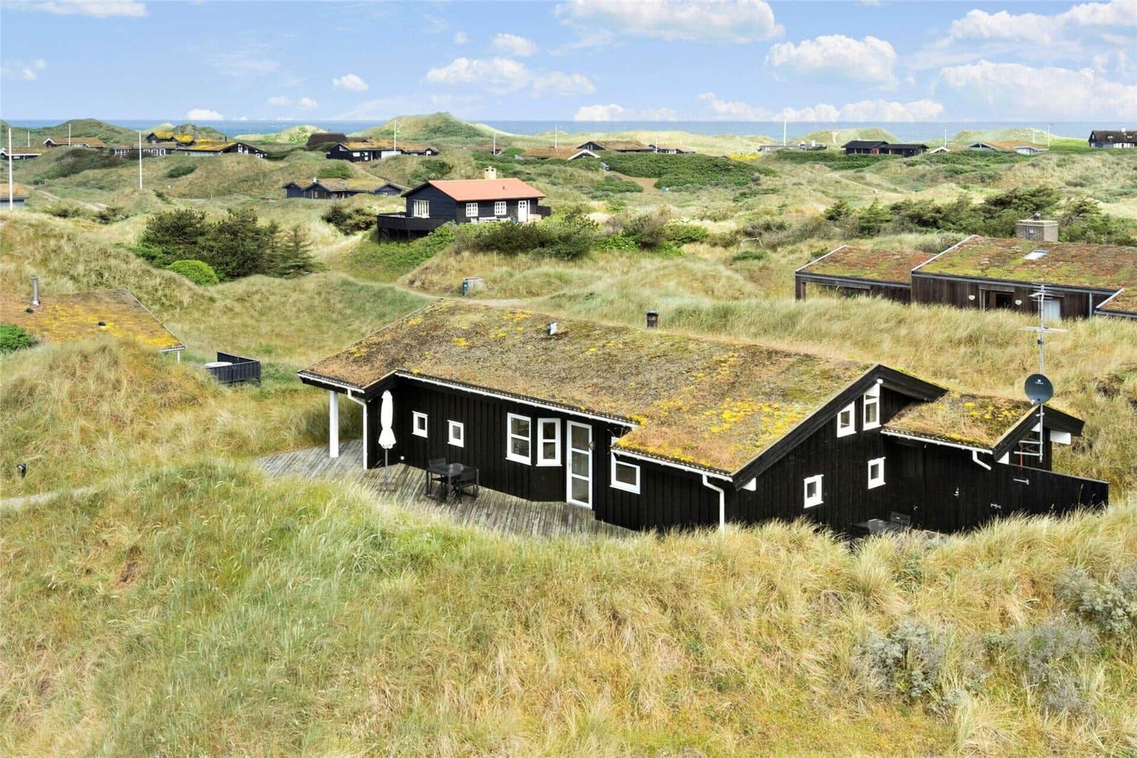 Schwarzes Holzhaus mit grüner Dachdeckung, umgeben von Dünen und Blick aufs Meer.