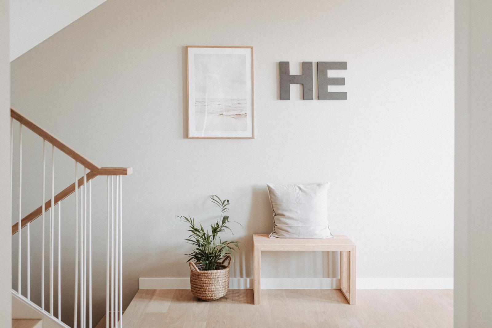 Eingangsbereich mit Stuhl, Kissen, Pflanze und Wanddekoration.