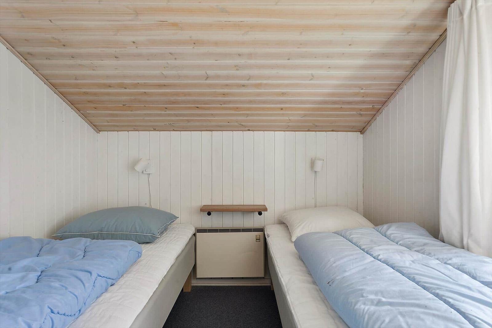 Zwei Betten mit blauen Bettwäsche unter einem Holzdecken