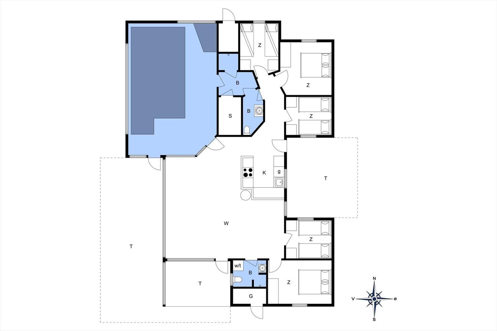 Die Wohnung hat drei Schlafzimmer, eine Küche und eine Badewanne.