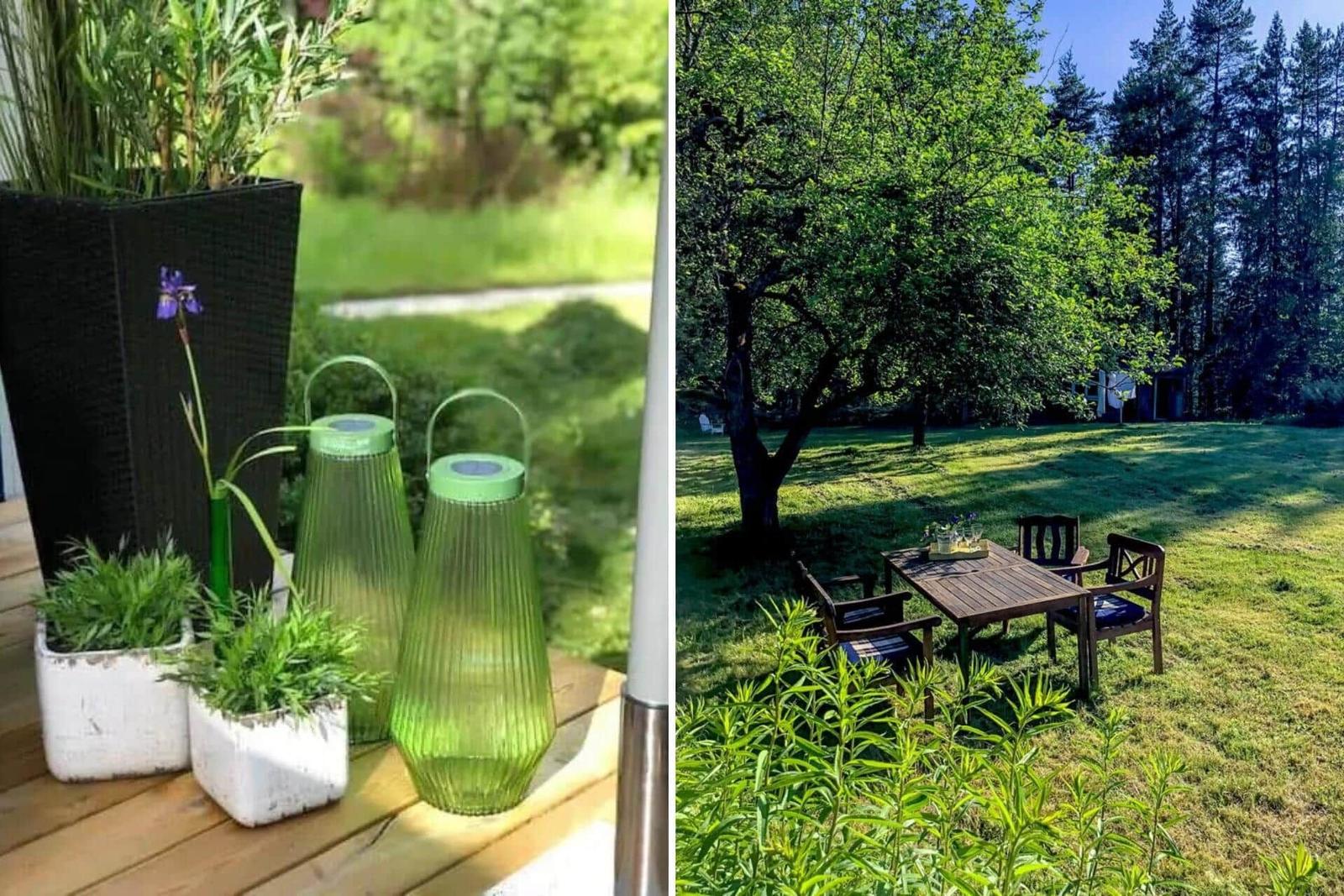 Terrasse mit Pflanzen und Solarlampen. Garten mit Tisch, Stühlen und Bäumen.