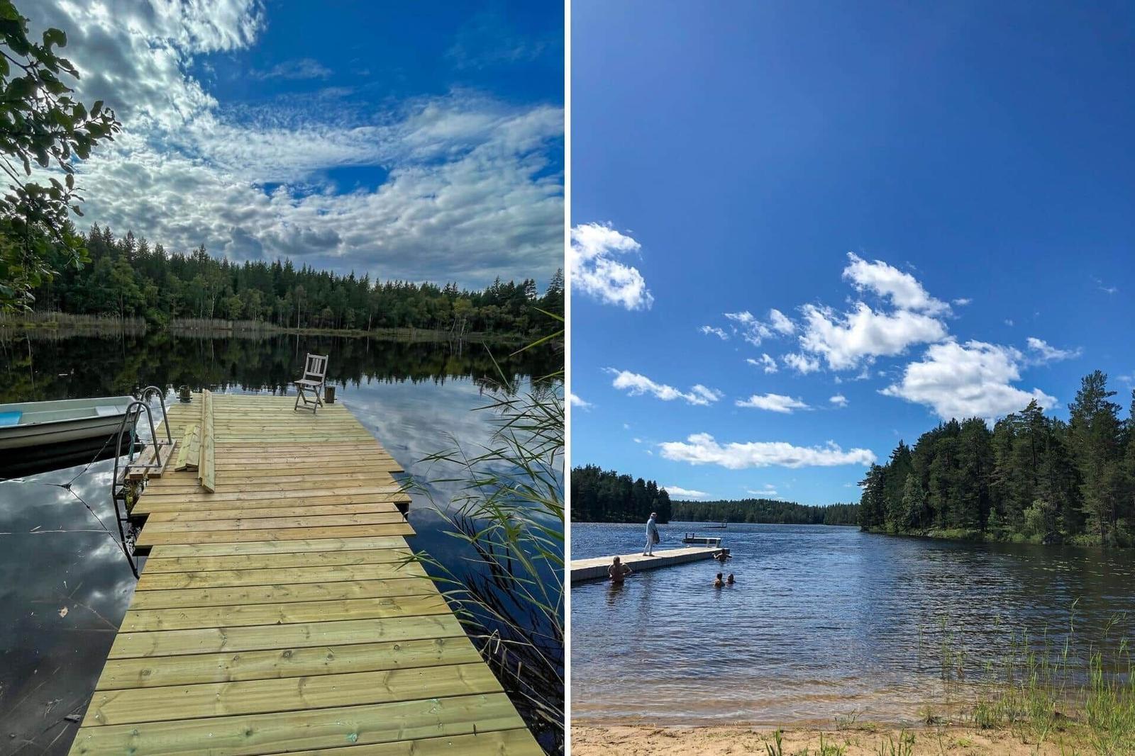 Holzsteg mit Stuhl am See, Menschen baden im sonnigen Wasser.