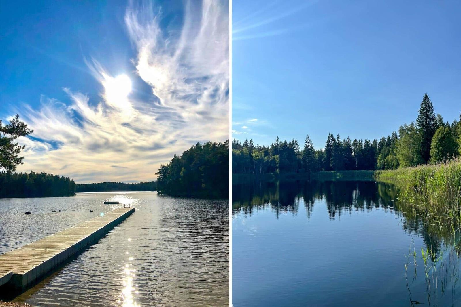 Lakeside-Urlaub mit Steg und Waldreflexionen im ruhigen Wasser.