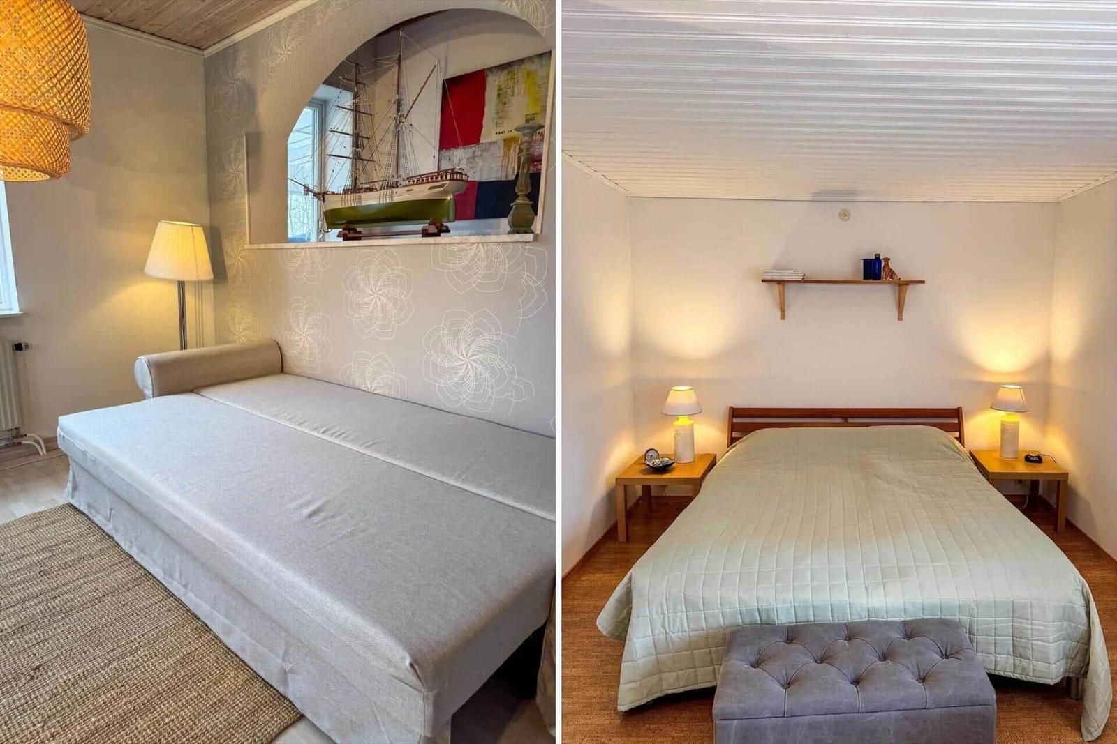 Zwei Schlafzimmer: Eines mit Sofa und Segelschiff, das andere mit Bett und Nachttischen.
