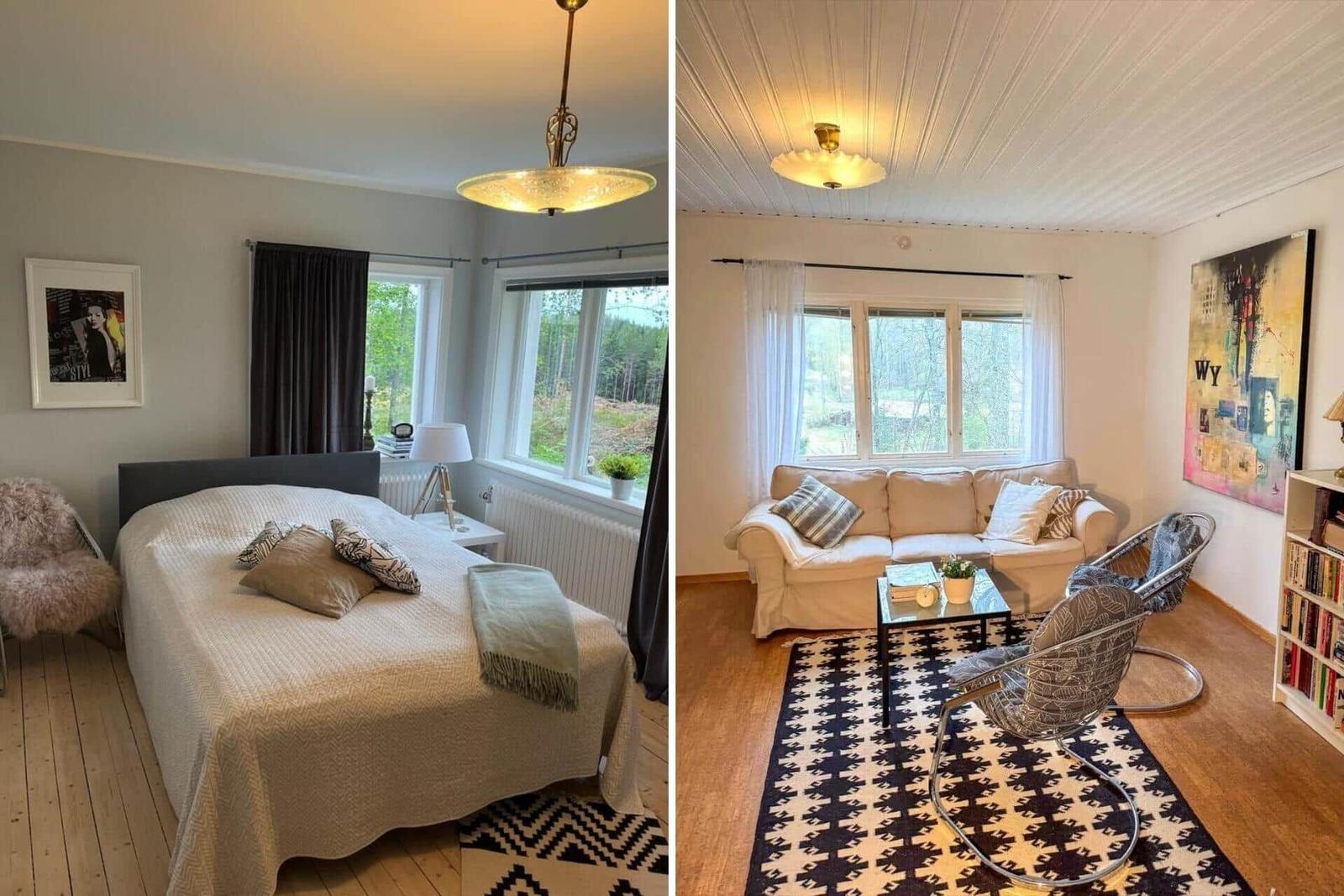 Schlafzimmer mit Bett und Fenster. Wohnzimmer mit Sofa und Sessel.
