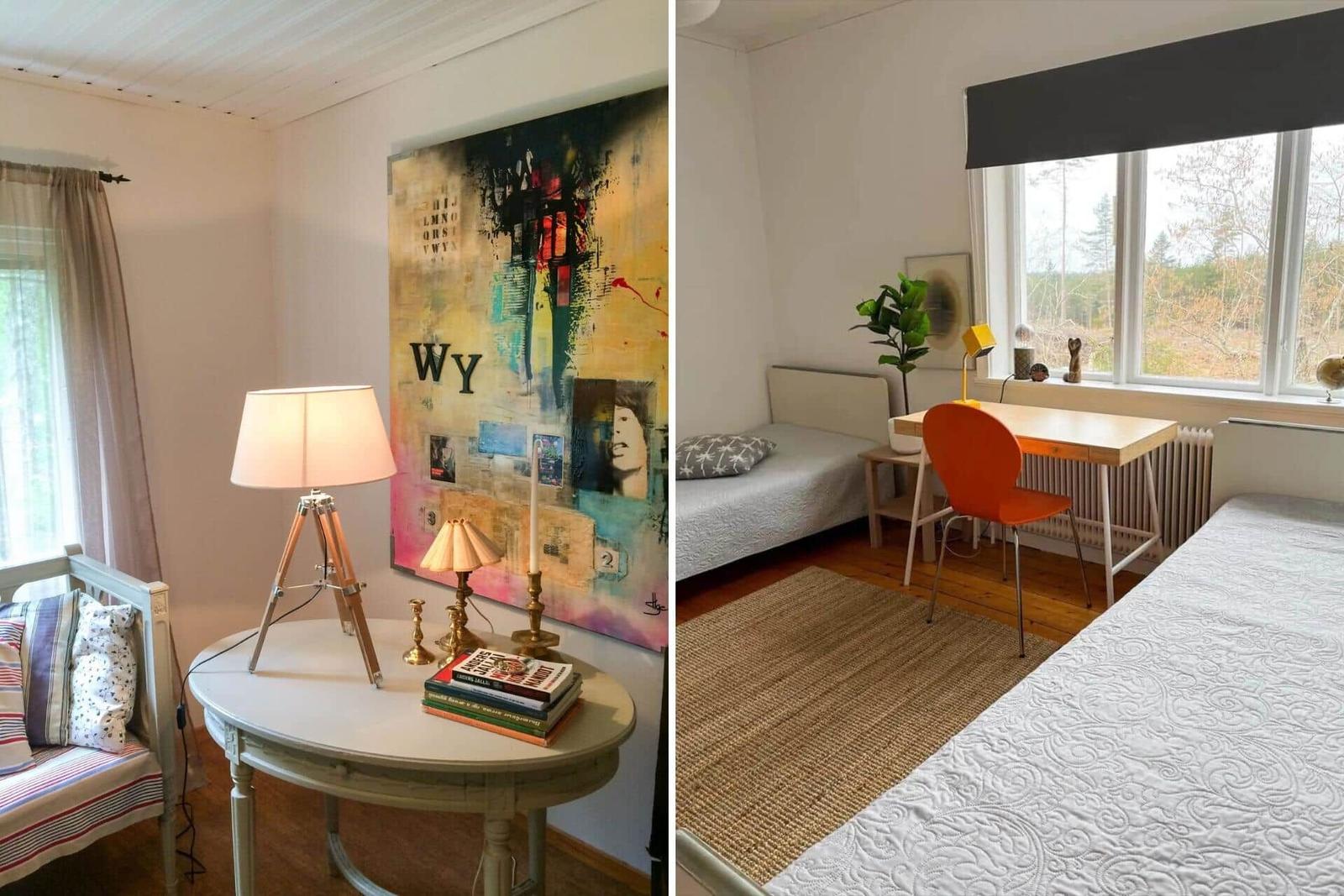 Zwei Schlafzimmer mit Betten, Schreibtisch und Fenster mit Blick auf Wald.