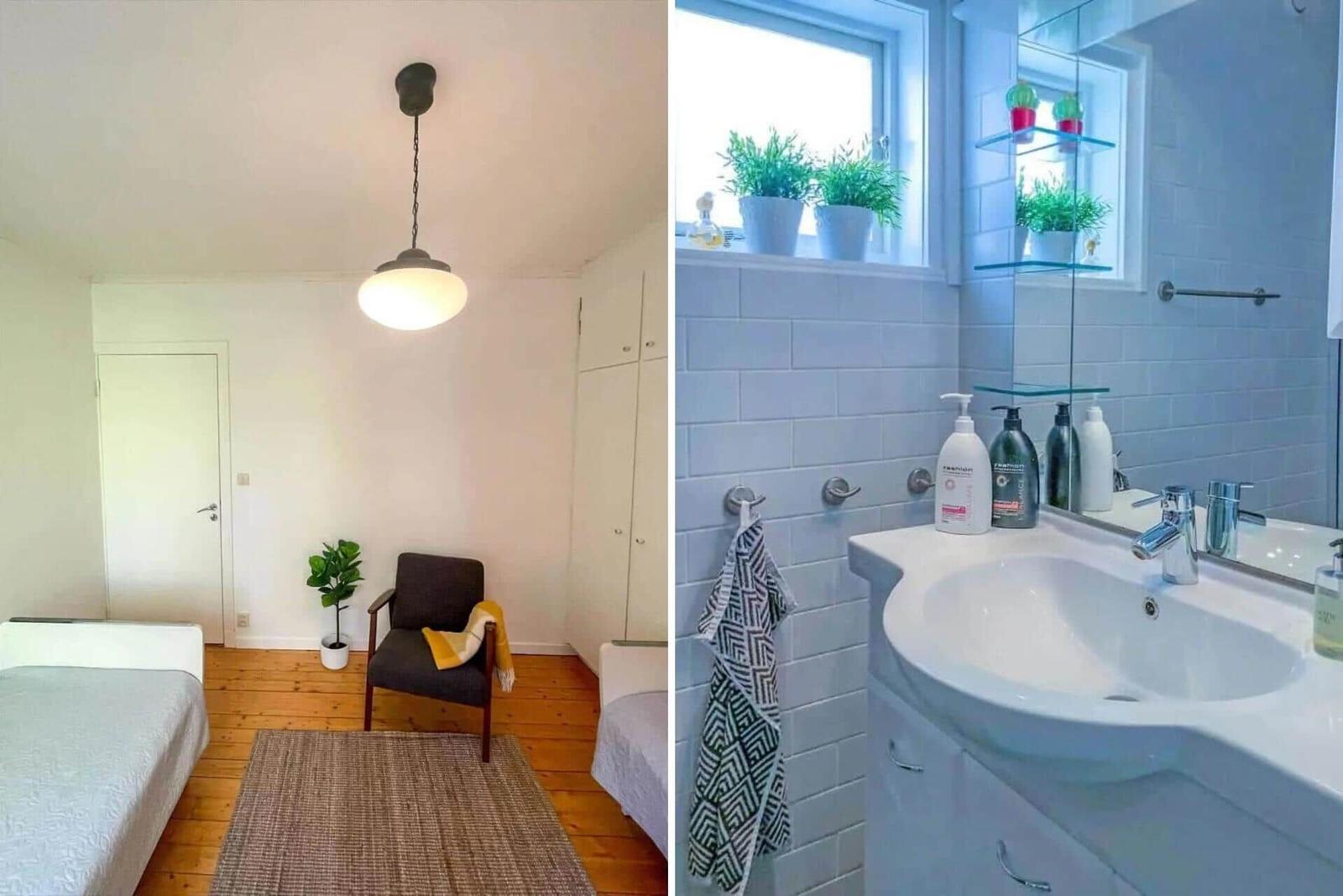 Schlafzimmer mit Bett, Stuhl und Pflanze. Badezimmer mit Waschbecken und Spiegel.