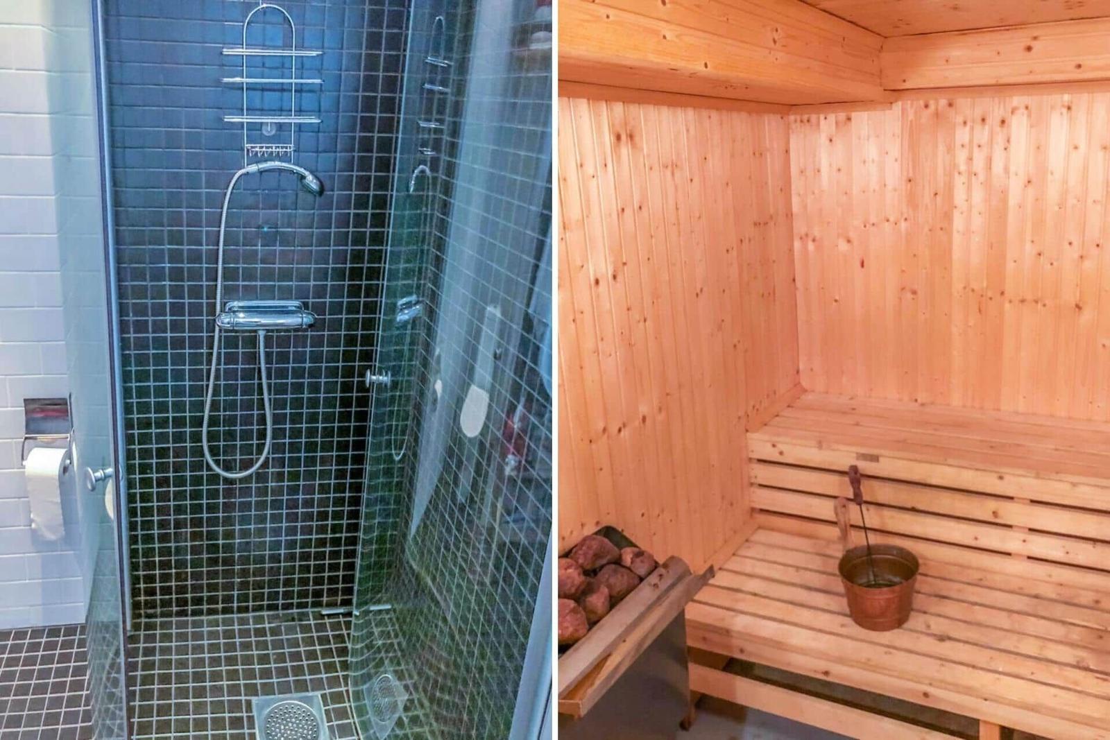 Dusche mit Glaswand und Sauna mit Holzbank