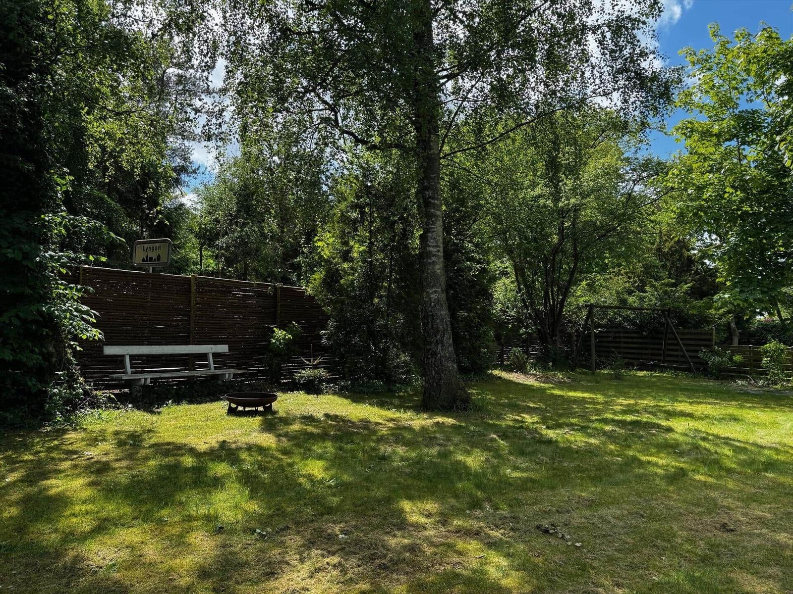 Green garden with trees, bench, and fire pit. Backyard with wooden fence.