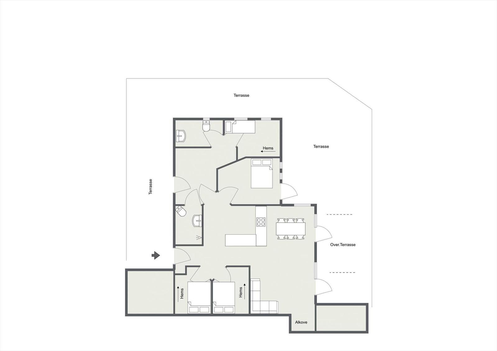 Apartment with kitchen, bedrooms, bathroom, and terrace area.