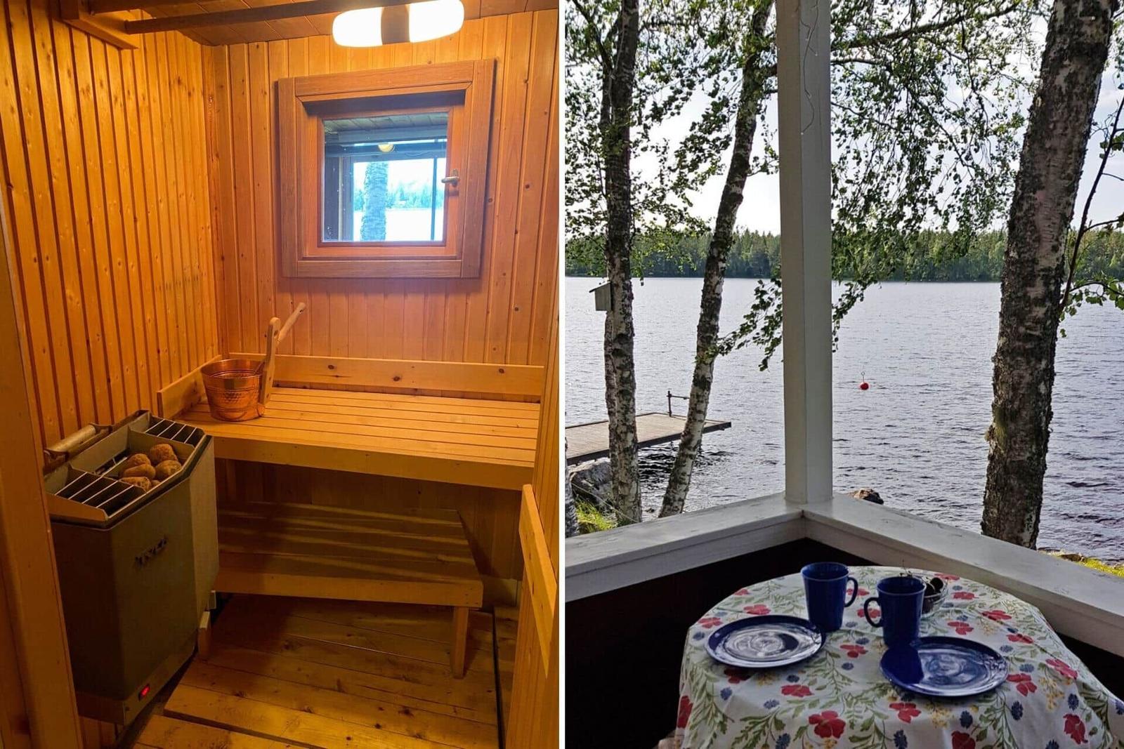 Sauna mit Holzbänken und Fenster. Terrasse mit Tisch, Blick auf See.