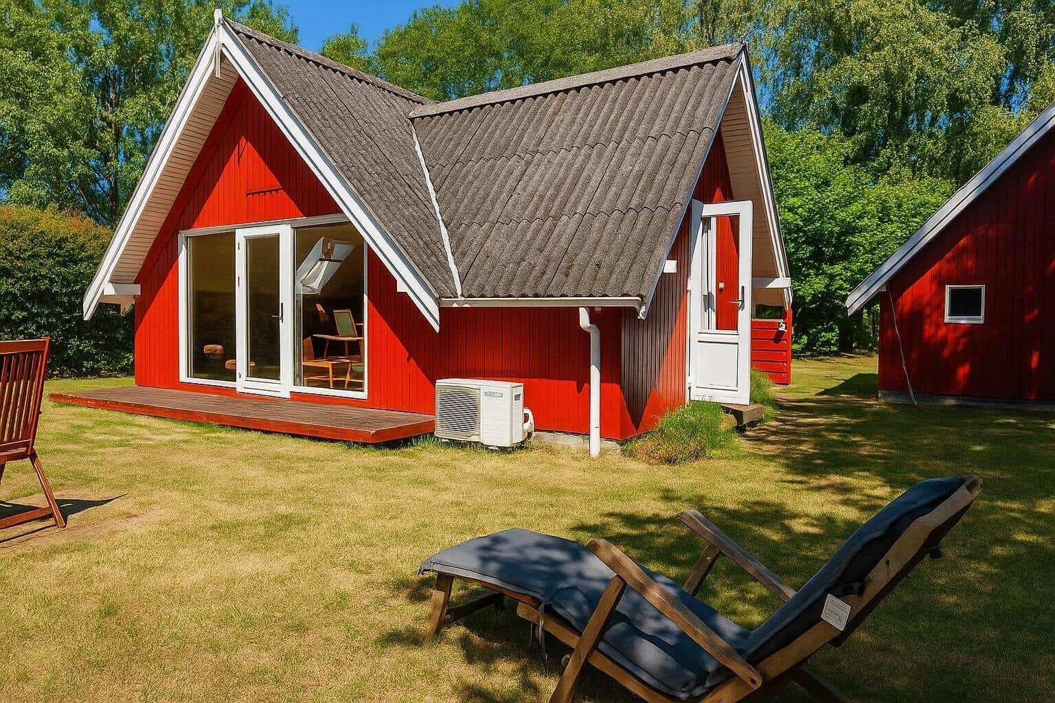 Rotes Holzhaus mit Terrasse und Liegestühlen im Garten