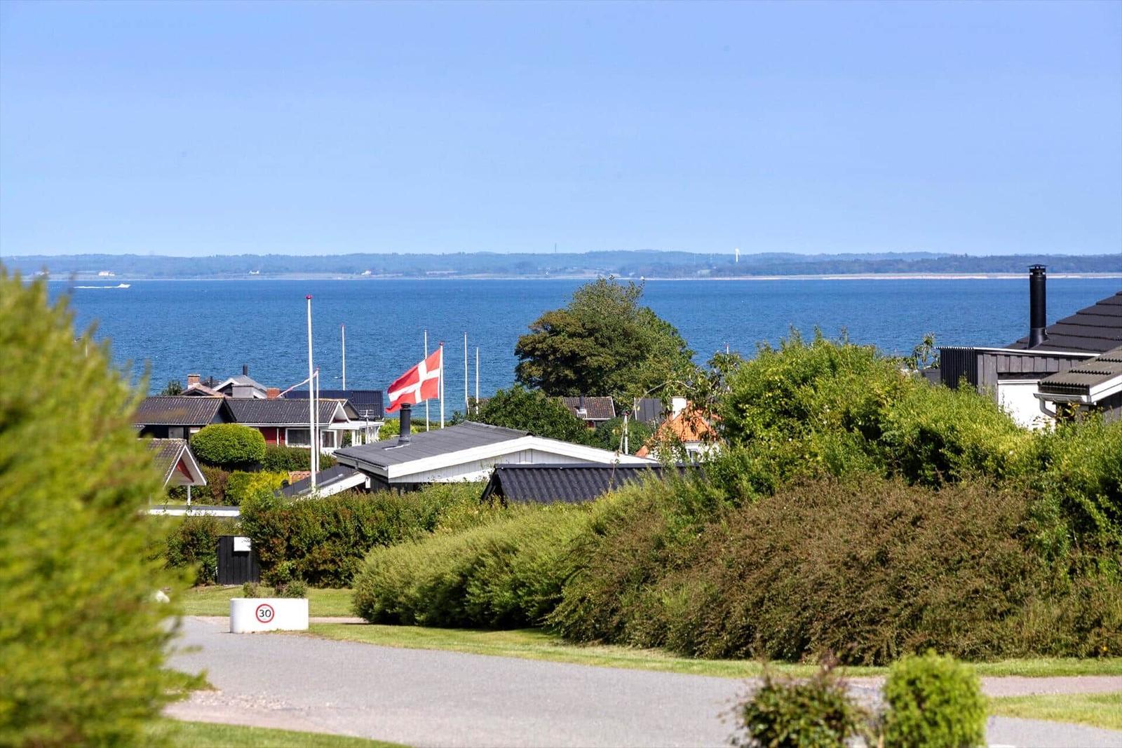 Sea view with flag and houses in the background.