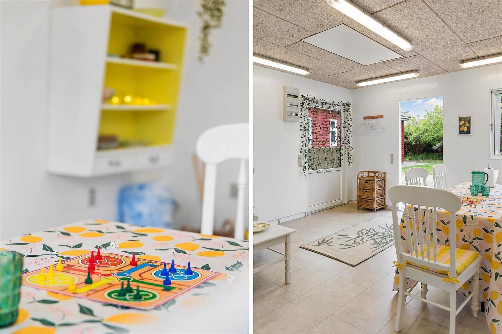 Dining room with table, chairs, and game board. Window and door to garden.