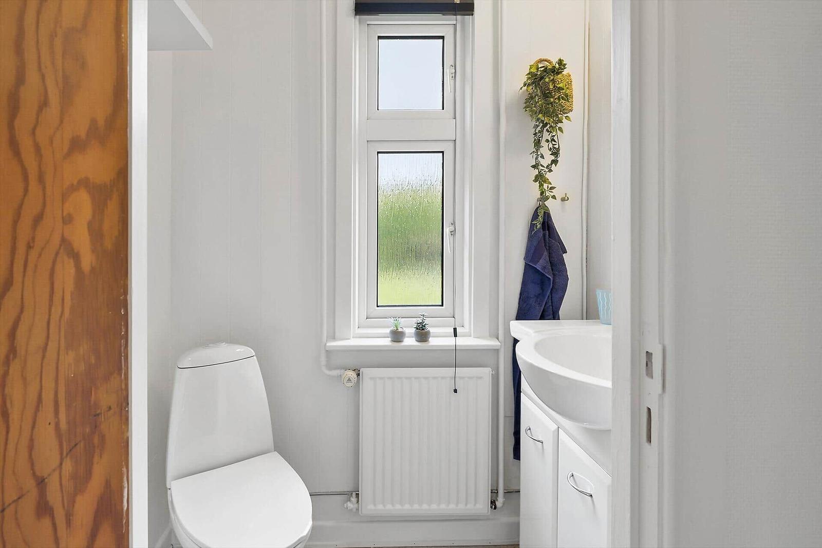 Bathroom with toilet, sink, and window with plants.