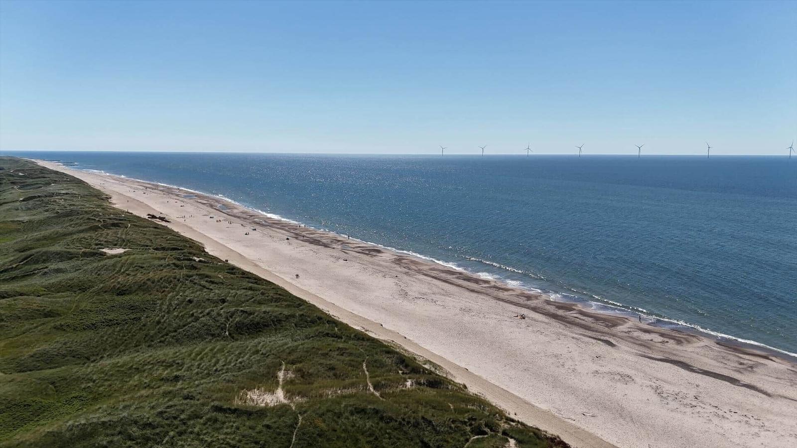 Strand mit Dünen und Windkraftanlagen im Hintergrund.