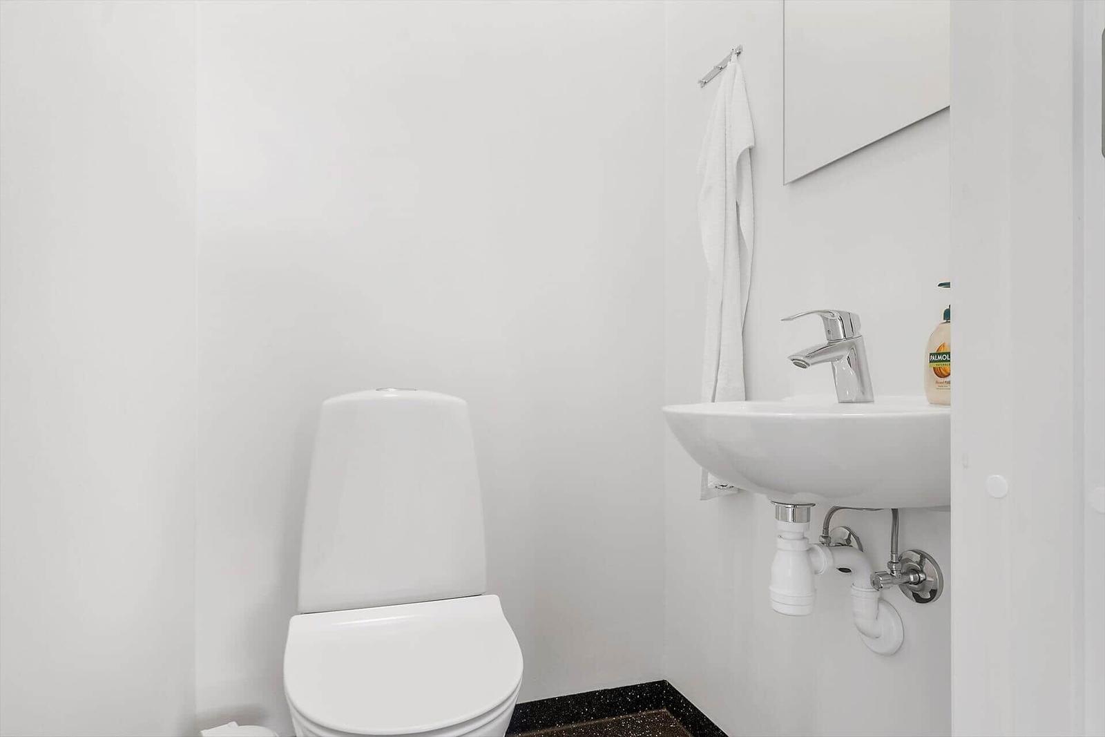 Badezimmer mit Toilette, Waschbecken und Handtuch.