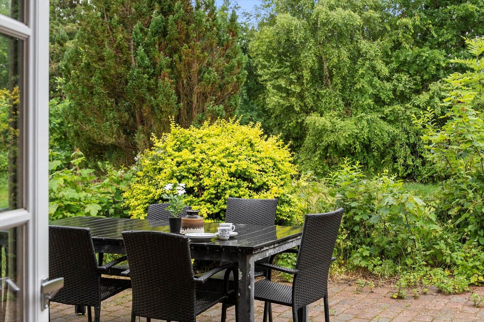 Terrasse mit Tisch und Stühlen, umgeben von grüner Vegetation und einem gelben Strauch.
