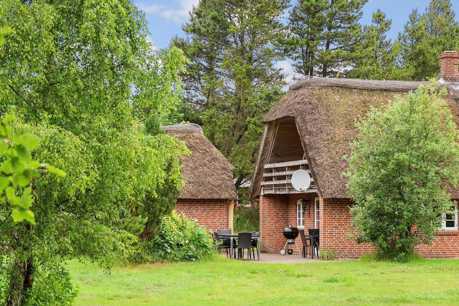 Zwei strohgedeckte Häuser mit Terrasse, Grill und Satellitenantenne im Grünen.
